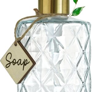 JASAI Diamond Design Glass Soap Dispenser with Golden Pump, Refillable Hand soap Dispenser for Kitchen, Soap Dispenser Bathroom for Soap, Hand soap, Dish Soap, Lotion.