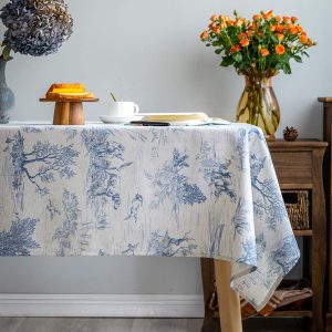 Rustic Tablecloth Classic French Village Printed Linen Fabric Table Cover Farmhouse Decoration 52x70 Inches Rectangle/Oblong Blue for Kitchen Dining